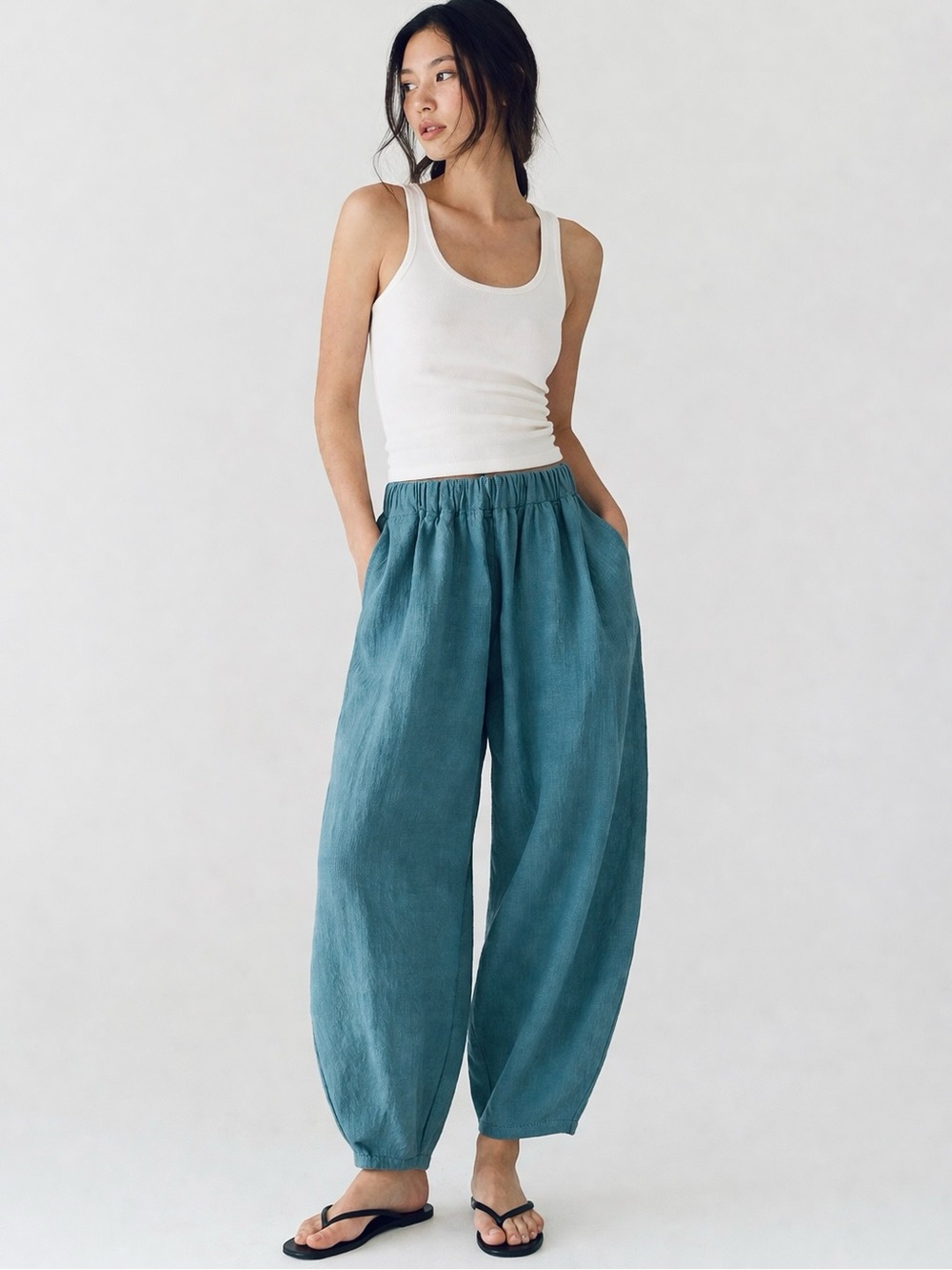 IXIMO Linen Blend Barrel Pants M Blue tapered crinkle Slouchy ballon lagenlook